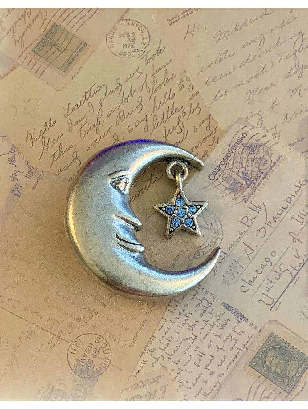 Vintage Silver Moon and Star Brooch with Blue Rhinestones - Celestial Pin